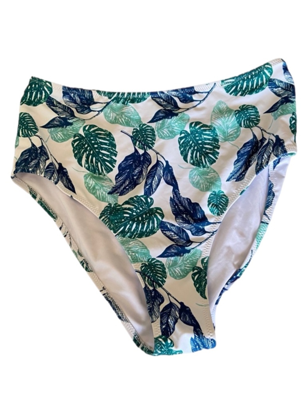 Cupshe Blue/Green Leaf Farm Rio High Waisted Bikini Brief Bottom Coastal Beach L